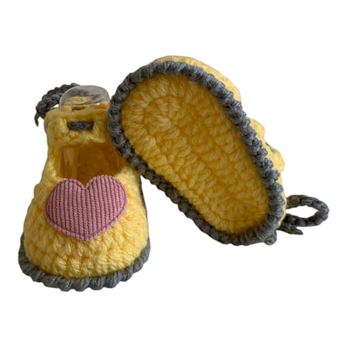 Handmade Baby Girl Crochet Mary Jane Shoes, Yellow Cotton with Pink Hearts, Perfect for Newborn Photography3