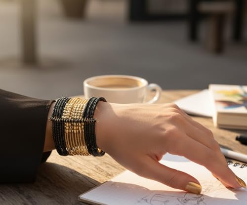 Image of Touchstone Indian Colorful Bead Bracelet Bollywood Beaten Metal Beads Openable Broad Cuff Bracelet in Gold or White Tone for Women.