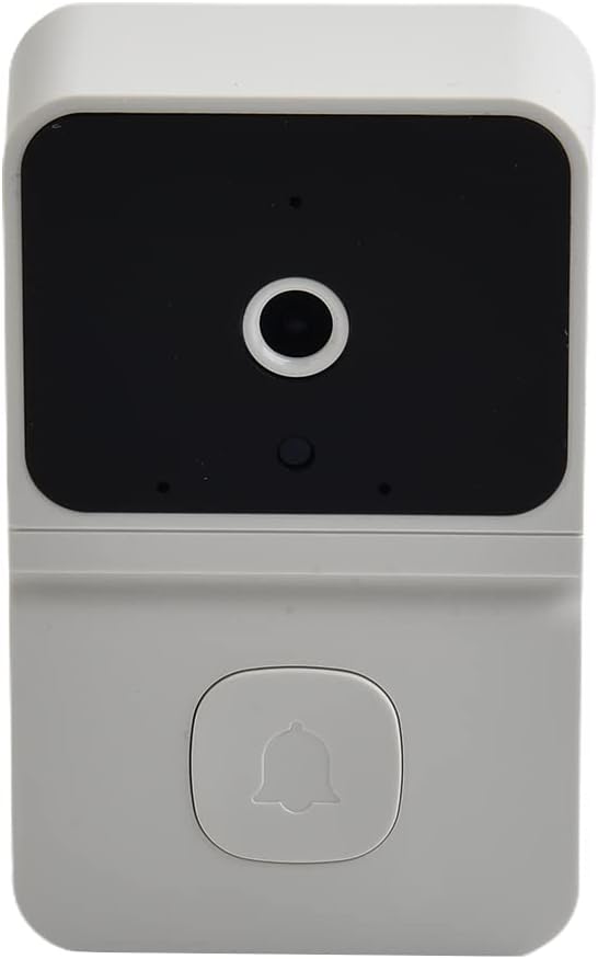 Front view of the white Smart Wireless Video Doorbell, showing the camera lens at the top and the bell button at the bottom.