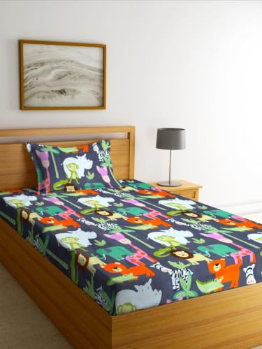 Image of NEW LEAF Premium 100% Cotton Feel Elastic Fitted Single Mattress Bedsheets with 1 Pillow Cover| All Around Elastic 200 TC Supersoft | (Size-78+36+6 inches, Navy Jungle Safari