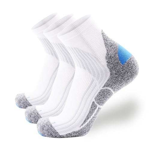 Tactia Full Cushion Compression Socks Men, Coolmax Anti-Blister Padded Heel, Moisture Wicking Cushioned Quarter Socks for Tennis Golf Hiking Work (3 Pairs, 8-10, White)