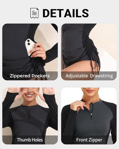 Women Long Sleeve Swim Shirt - Gray and Black Rash Guard Swimsuit Tops with Zipper Pockets UPF 50+ Bathing Suit Tops 2025 M - Thumbnail 4