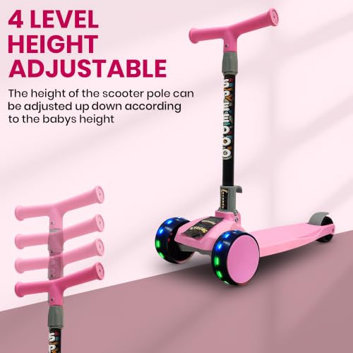 Image of NHR 3-Wheel Kick Scooter for Kids with Adjustable Height, Smart Tilt-to-Steer Balance Control, Heavy Duty PU Wheels & Rear Foot Brake (Pink)