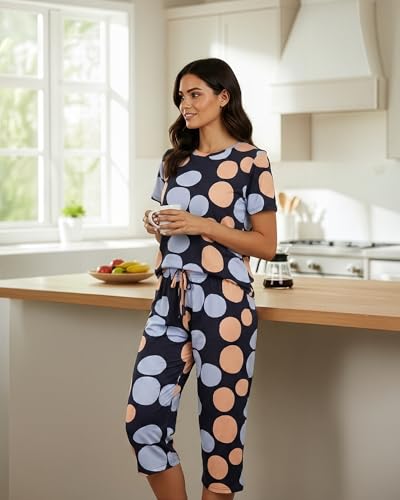 Image of Real Essentials 2 Pack: Womens Pajamas Short Sleeve Sleepwear Tops and Capri Pants Pjs Print Pajama Sets (Available In Plus)