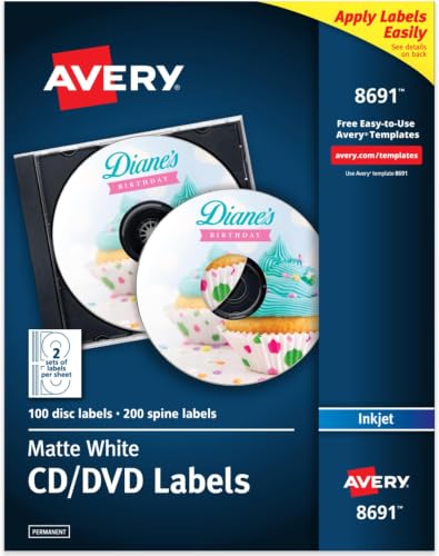 Image of Avery Printable CD Labels, Matte White, Permanent Adhesive, Inkjet Printer Compatible, 100 Disc & 200 Spine Labels, Ideal for CDs, DVDs, PC Discs, Media Projects (8691) (Pack of 5)