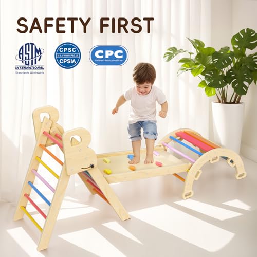 pikler triangle set climbing toys for toddlers 1-3 inside montessori indoor playground jungle play gym gift for 1 2 3 4 year old boys girls rainbow