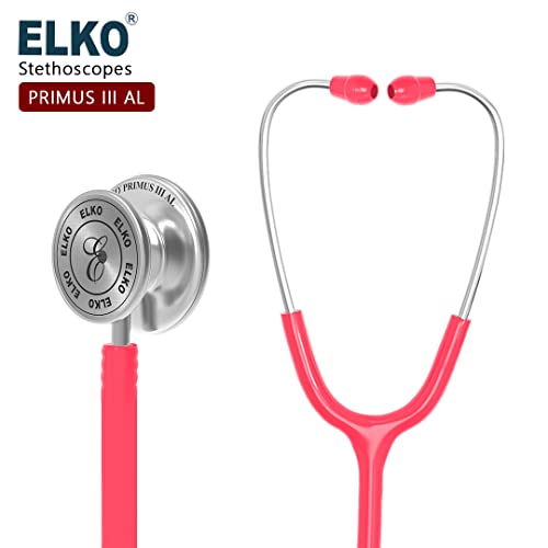 Image of ELKO EL-160 Primus III AL Aluminum Head Stethoscope For Doctors and Medical Students | Double Sided Chest Piece For Adult & Pediatric Patients | U-Shaped PVC Tubing | Soft Sealing Ear Knobs (Pink)