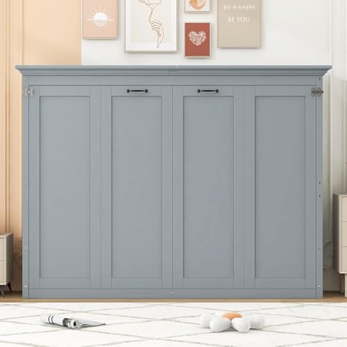 MERITLINE Full Horizontal Murphy Bed Cabinet with Desk, Solid Wood Farmhouse Murphy Bed Frame for...