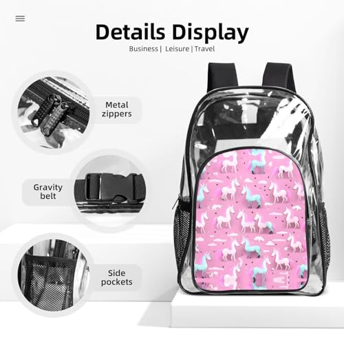Mochila transparente escolar Many Unicorns de PVC rosa con bolsillos 4