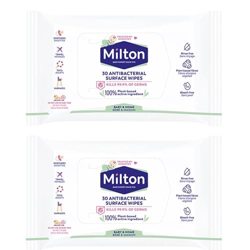 Milton Antibacterial Surface Wipes, 2 × 30‑Count – 100% Plant‑Based Alcohol, Kills 99.9% of Germs, Rinse‑Free & Bleach‑Free Disinfecting Wipes