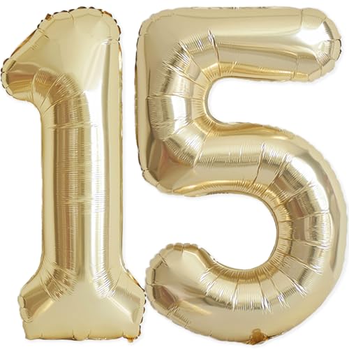 15 Balloon Number, 40 Inch Champagne Gold Foil Balloons Giant Jumbo Helium Number 15 or 51 Balloons for 15th 51th Birthday Decorations Anniversary Events Boys Girls Party Decorations (Light Gold) by VHUWE - Used condition - US$5.02