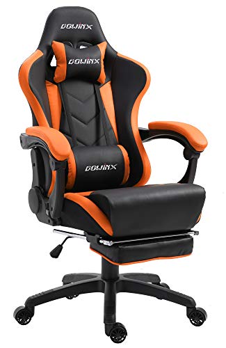 Dowinx Silla de gaming ergonómica con masaje lumbar, silla de oficina para PC, sillón giratorio ajustable con reposapiés, color negro y naranja Cover