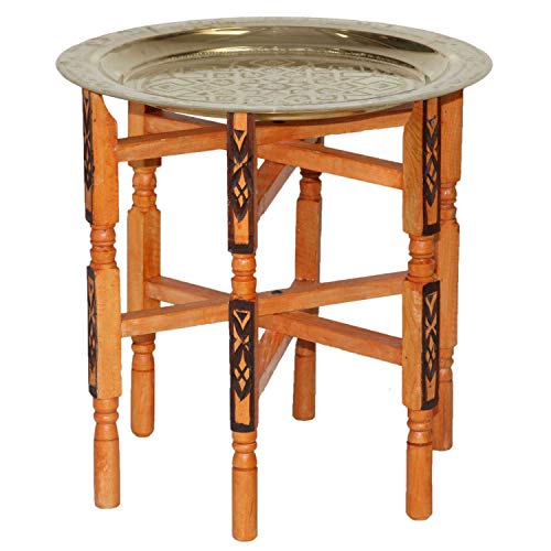 Casa Moro - Mesa de té Oriental, Mesa Auxiliar marroquí con Bandeja de latón de 50 cm de diámetro, Mesa de Madera Hecha a Mano, Mesa Plegable con Bandeja para Servir, Color Oro Karam 50 | TA6062