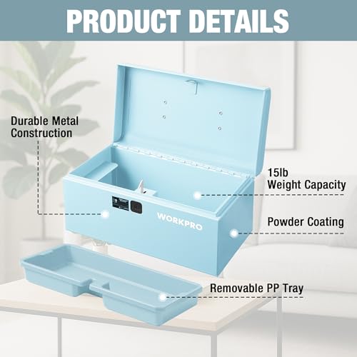 WORKPRO 10.8" Portable Mini Metal Tool Box with Removable Color-Matching Tray, One-Button Latch Toolbox, Steel Tool Chest with PP Handle, Compact Storage Organizer for Home, Office or Workshop by WORKPRO - Image 5