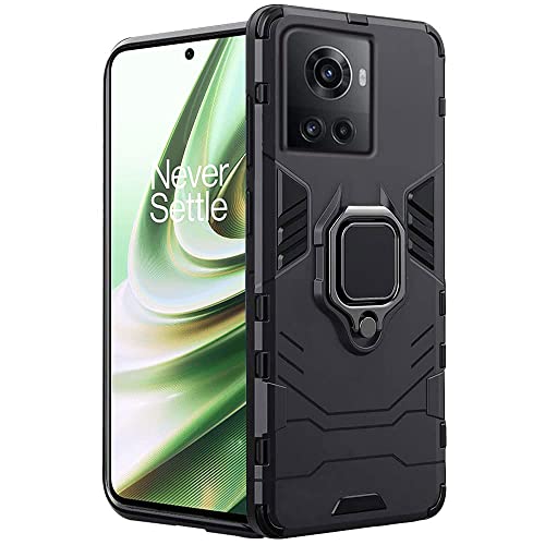 Image of WOW IMAGINE Shock Proof Back Case Cover for 1+ OnePlus 10R 5G | 10R Prime 5G (Armor | Hybrid PC + TPU | Full Protection with Ring Holder Kickstand | Carbon Black)
