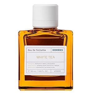 KORRES Eau de Toilette White Tea pour Femme, 88% d’Origine Naturelle, Floral Frais, Longue Tenue, Flacon Verre Ambré 50 ml