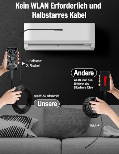 Endoskopkamera mit Licht, Ferdiiz 1920P HD Inspektionskamera mit 8 LED, Wasserdichtes IP67 Endoskopkamera Handy, Kein WLAN Erforderlich Kanalkamera für Android & iOS, Tablet - 16.4 ft/5 m