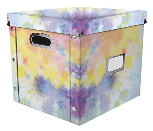 Image of Snap-N-Store 12 In Vinyl Record Box, LP Holder with Lid, Tie Dye | Collapsible crate holds up to 75 vinyl albums, snaps together for easy assembly, stylish shelf display