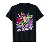 Retro Jesus Christian He Is Rizzin' Riding T-Rex Dinosaur T-Shirt