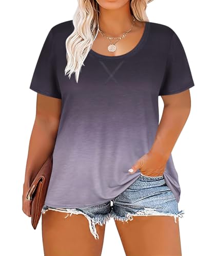 Image of CARCOS Plus Size Tops for Women Short Sleeve Shirt Summer Star /Leopard /Tie Dye /Flower Crewneck Pullover Tunic XL-5XL
