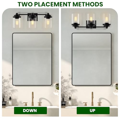 Image of Bathroom Vanity Light Fixture, 3-Light Modern Black Vanity Light Fixtures with Clear Glass Shade, Matte Black Bathroom Light Fixtures Over Mirror, Rustic Restroom Lighting Fixtures