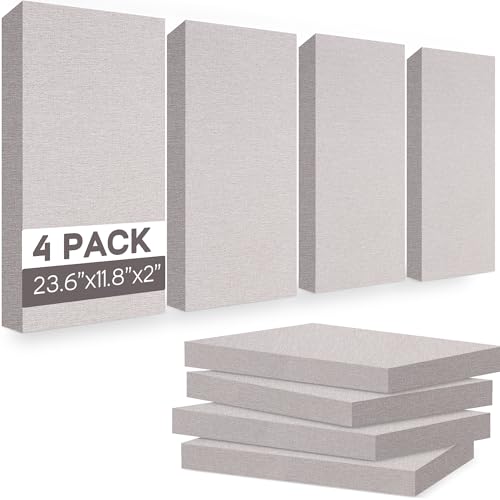BUBOS 4 PCS Fabric Acoustic Panels, 23.6''x11.8'' Self-Adhesive Soundproofing Wall Panels, 2-Inch High Density Absorption for Home Studio & Office, Eliminate Echo for Superior Sound Clarity,Linen