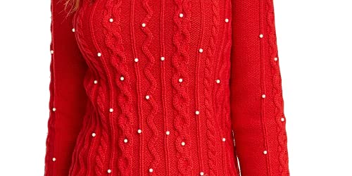 Maison Jules Womens Cable Knit Embellished Crewneck Sweater Red L #TOP1