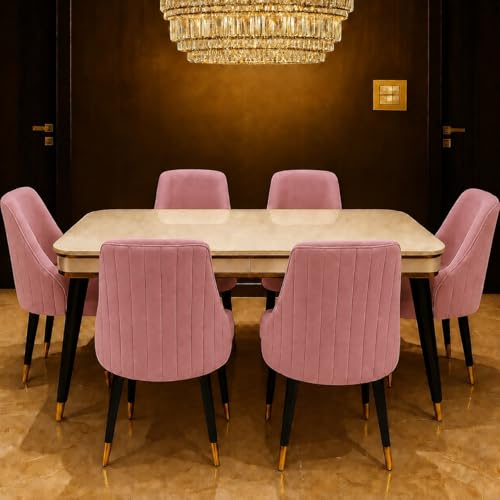 Image of WOODEN SPACE 6-Seater Wooden Dining Table Set | Nano Composite Marble Top | Solid Wood Base | Modern Dining Room Furniture with 6 Chairs (Pink Infinity Backline)