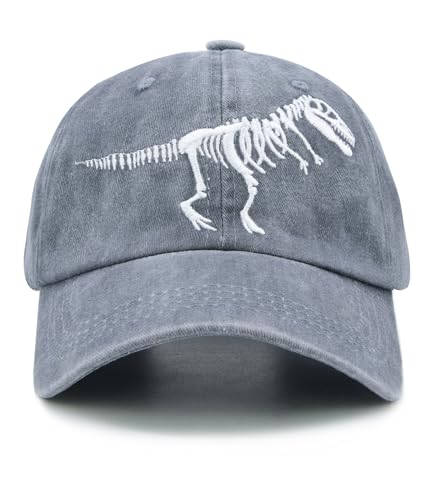 Wodeal Boys' Skull Dinosaur Hat, Funny Cotton Embroidered Kids Dino Adjustable Baseball Cap for Son, Grandsons Grey