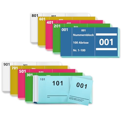 10 Books Double Numbers 1-1000 Numbers 5 Colours 5 x 10 cm Number Pad Number Pads Tombola Number Pad Paper Loose Tombola Numbered Tears Double Number Pad Blue Green Pink Yellow White