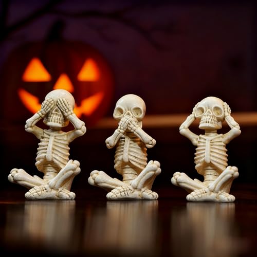 OwMell Set mit 3 Weise Skeletons Statue, No Evil Skull Figur, Hear See Speak No Evil Statue Figur, Halloween Gothic Home Decor 8,4 cm