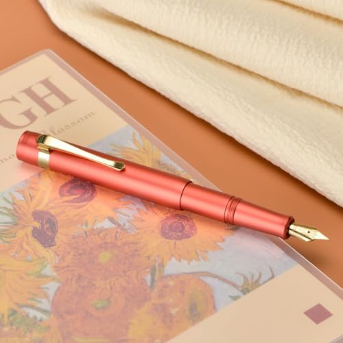 Image of HONG DIAN M2 Mini Fountain Pen with Bent Nib, Sleek Shape Aluminium Short Pocket Travel Pen (Orange Red)