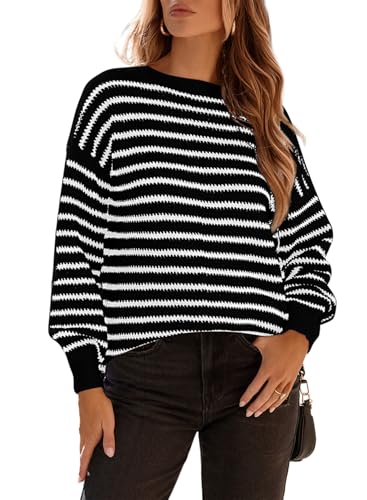 Image of Dokotoo Sweaters for Women Crewneck Long Sleeve Striped Color Block Loose Knit Pullover Sweater Tops