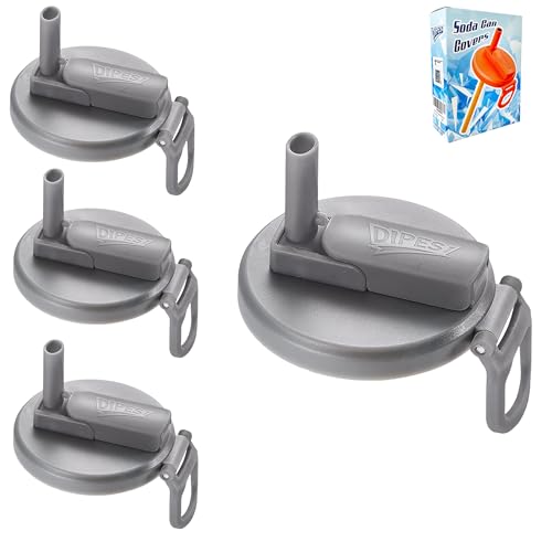 ORIGINAL CREATOR - DIPESI 4 Pack Reusable Soda Can Lids with Silicone Straws – BPA-Free, Airtight Seal, Spill-Proof, Easy to Use, Fits Standard 12oz & 16oz Cans (Gray)