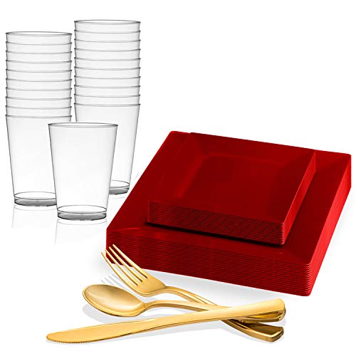 Disposable Plastic Dinnerware Set for 120 Guests - Includes Fancy Square Red Dinner Plates DessertSalad Plates Gold Silverware SetCutlery Cups For Wedding Birthday Party Other Occasions