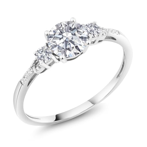 Gem Stone King 10K White Gold 6MM Round Gemstone Birthstone White Created Sapphire & White Diamond Accent 3-Stone Engagement Ring | Three-Stone Wedding Anniversary Promise Ring For Women