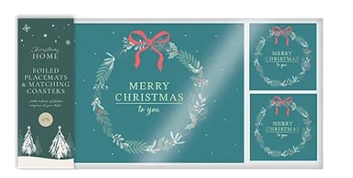 Christmas Foiled Placemats & Coasters Set – 4 Pack Screen-Printed Table Mats with Cork Backing– Placemats 21.5 x 28.5cm, Coasters 10 x 10cm, Elegant Green & White 'Merry Christmas, Festive Décor