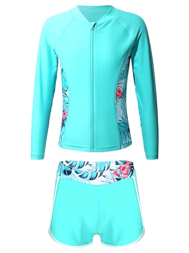 Kids Girls 2 Piece Rash Guard UPF 50+ Long Sleeve Rashguard Shirts with Shorts Tankini Swimsuit Sets