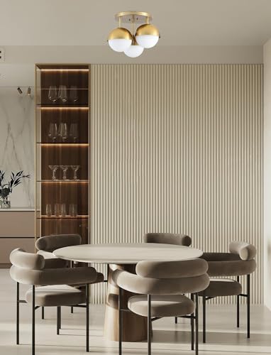 Image of Globe Flush Mount 3-Light Ceiling Light, Mid Century Modern Brass Gold Ceiling Light Fixture with Globe White Frosted Glass Shade for Bedroom Hallway Entryway Kitchen Living Room