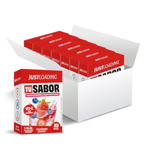 JustLoading saborizante de agua sin azúcares añadidos sabor frutos rojos - Monodosis = 1 litro de bebida - Sólo 1 kcal/vaso- Con Vitamina C - Sin gluten - Polvos para saborizar 56 l de agua (56x6g)