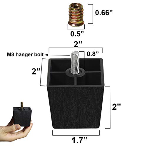Sopicoz 2 Inch Sofa Legs Plastic Feet For Furniture Legs Riser Square Set Of 4 With M8 Hanger Bolts #TOP1