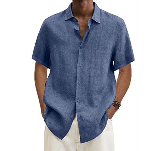 2024 Camisa de Manga Corta Hombre Algodón y Lino Camiseta Casual Color sólido Talla Grande Cuello en V Botones Verano Moda Original T-Shirt Suelto Fiesta Ligero Transpirable Tops tee