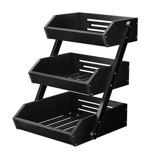 CALM COZY Support de Corbeille à Fruits en Bambou à 3 étages, Support à Panier de Fruits Rangement pour les légumes pour plan de travail de cuisine pour Fruits, Légumes, Pain, collations,Noir