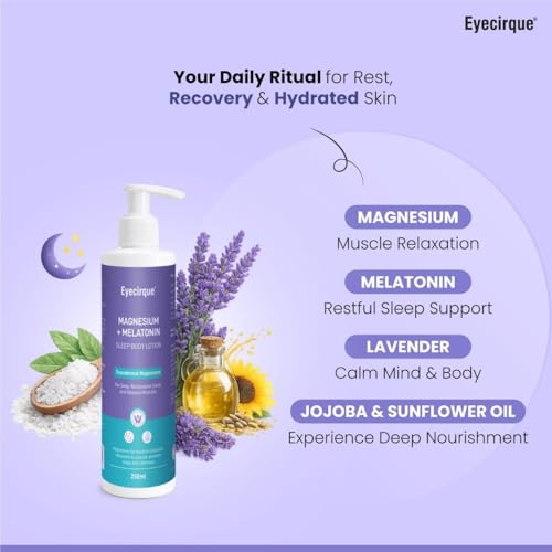 Image of Eyecirque Magnesium Body Lotion with Melatonin & Lavender for Sleep, Muscle Pain & Leg Cramps | Fast Absorption for Feet, Legs & Night Recovery | Relaxation & Pain Relief Body Lotion 100ml