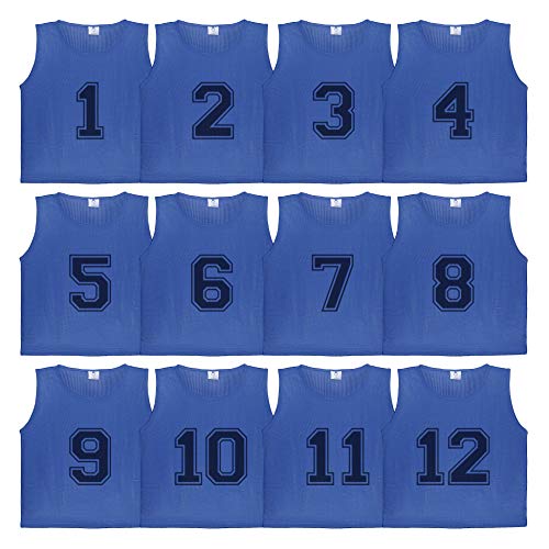 Athllete DURAMESH Set of 12- Scrimmage Vest/Pinnies/Team Practice Jerseys with Free Carry Bag. Sizes for Children, Youth, Adult and Adult XXL (Azure Blue Numbered, Large)