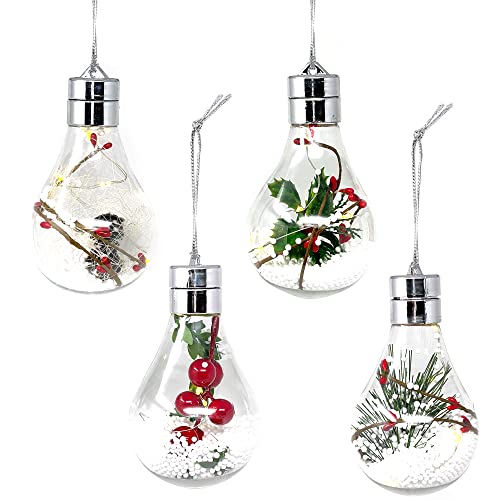 Allgala 4 Pack Twist-On Light Up Chistmas Tree Ball Ornaments with Snow and Variety of Plants-Bulb-XB93133