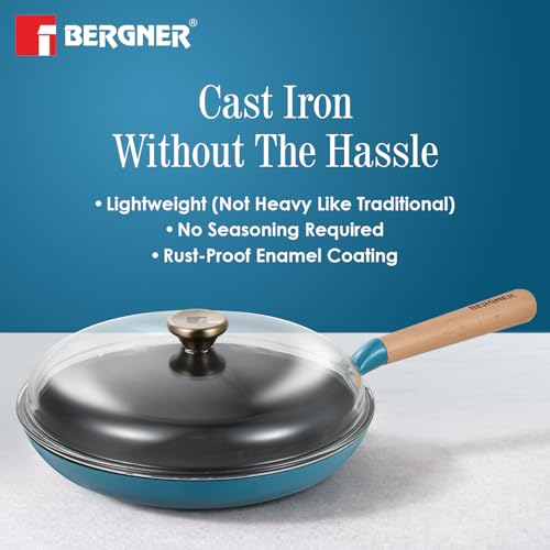 Image of BERGNER Excalibur Lightweight Cast Iron Frypan with Lid 28cm, Sturdy Wooden Handle, Non-Stick Coating, PFAS Free, Perfect Heat Distribution, Elegant Design - Induction Compatible (Blue)
