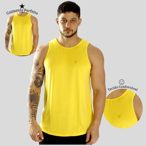 Camiseta Regata Masculina Treino Dryfit Lisa, Básica Academia (BR, Alfa, G, Regular, Amarelo)