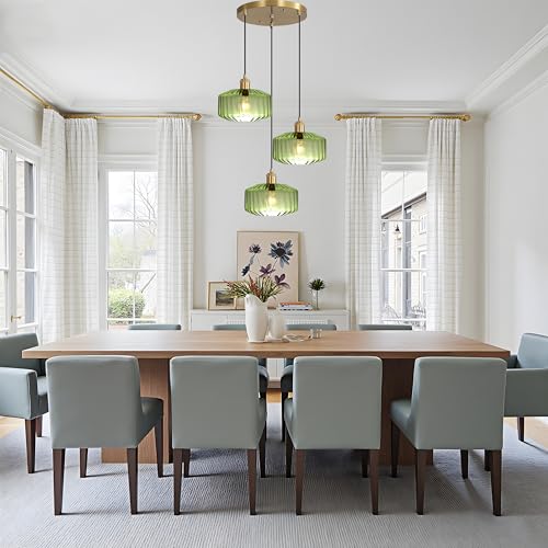 Image of 3-Light Green Glass Pendant Light, Mid-Century Modern Kitchen Island Hanging Light Fixtures with Ribbed Glass Shades, Adjustable Height Gold Ceiling Pendant Lighting