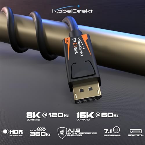 KabelDirekt – Cable DisplayPort 2.1/DP 2.1 – 1m – UHBR, DP80 con 80 Gbit/s para PC/Tarjetas Gráficas con FreeSync/G-Sync, Resoluciones y Frecuencias de Actualización: 16K@60Hz, 8K@120Hz, 4K@240Hz - imagen 2